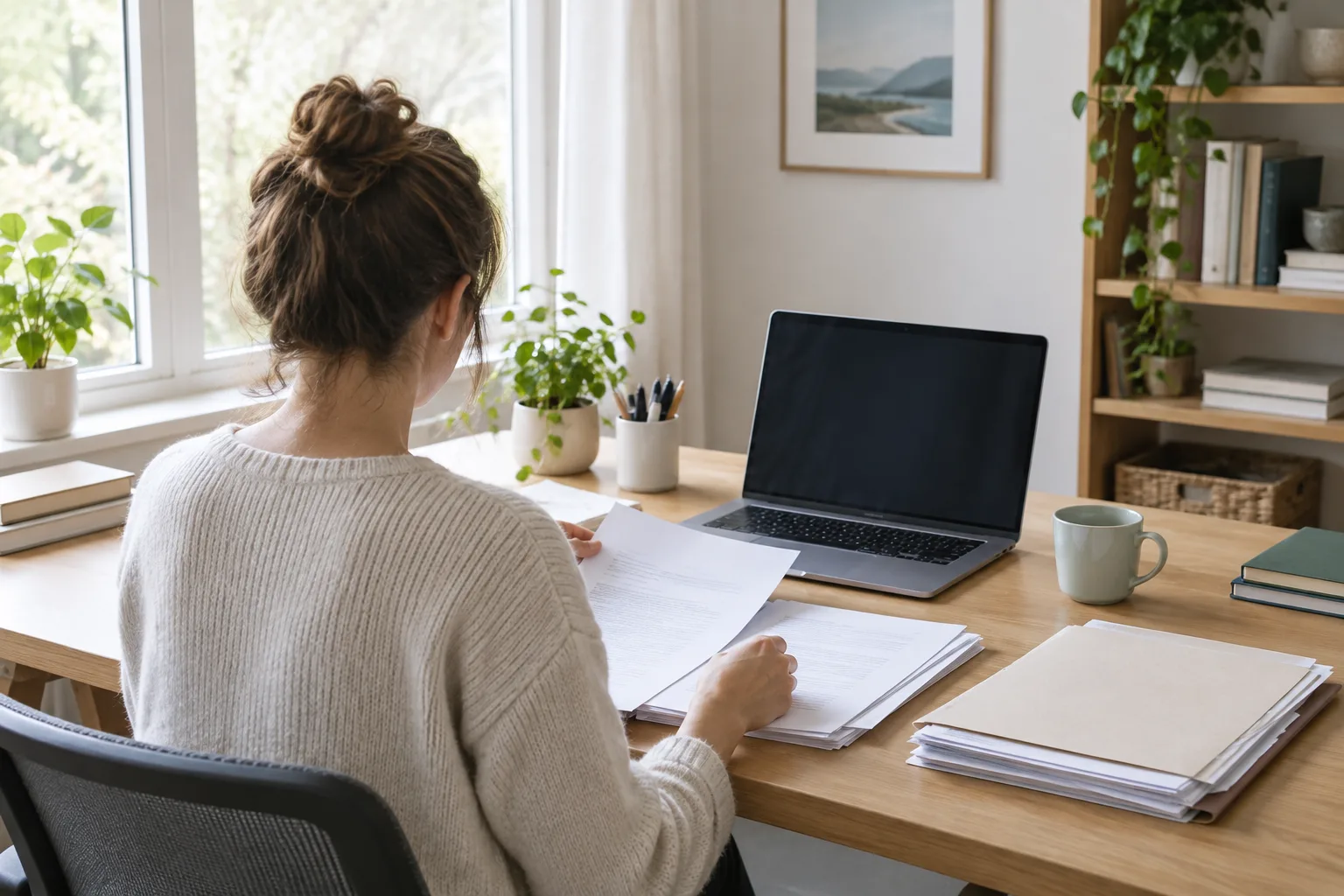 Un ordinateur portable posé sur un bureau rangé, à côté de documents classés.