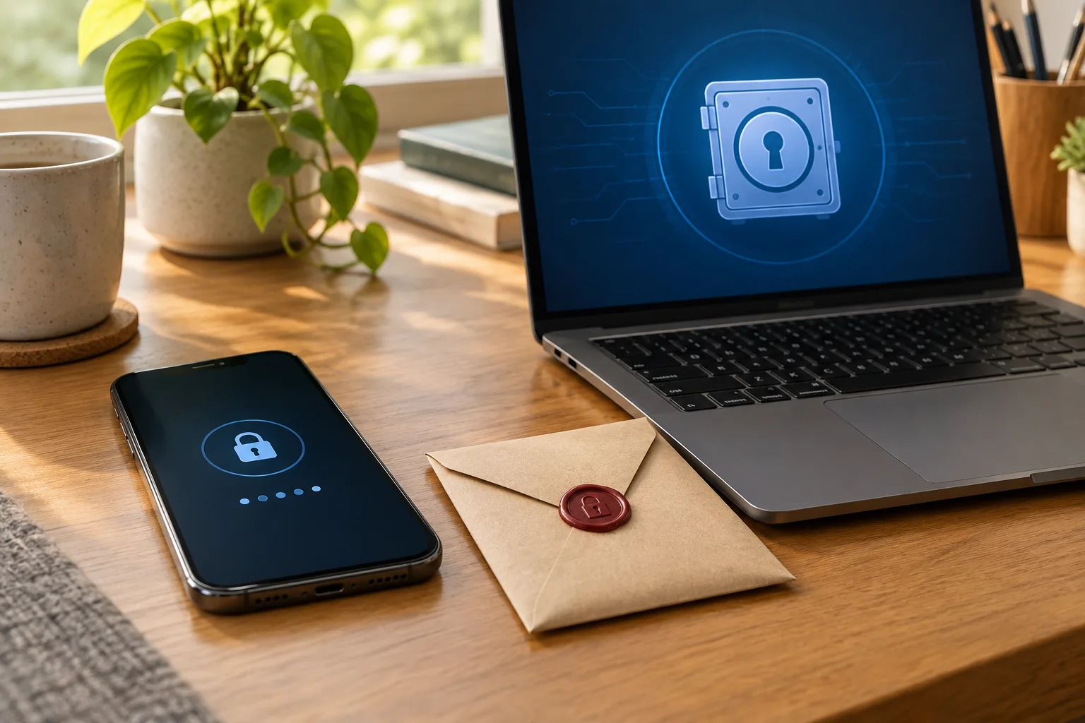 Un téléphone verrouillé, une enveloppe fermée et un ordinateur évoquent la préparation des moyens de récupération d’un coffre numérique.