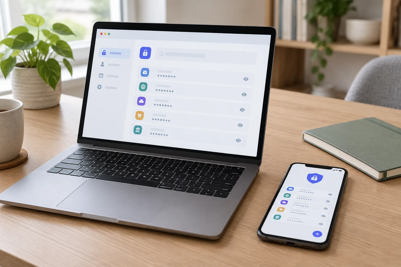 Un ordinateur portable et un téléphone affichent des interfaces abstraites de gestion des mots de passe sur un bureau lumineux.