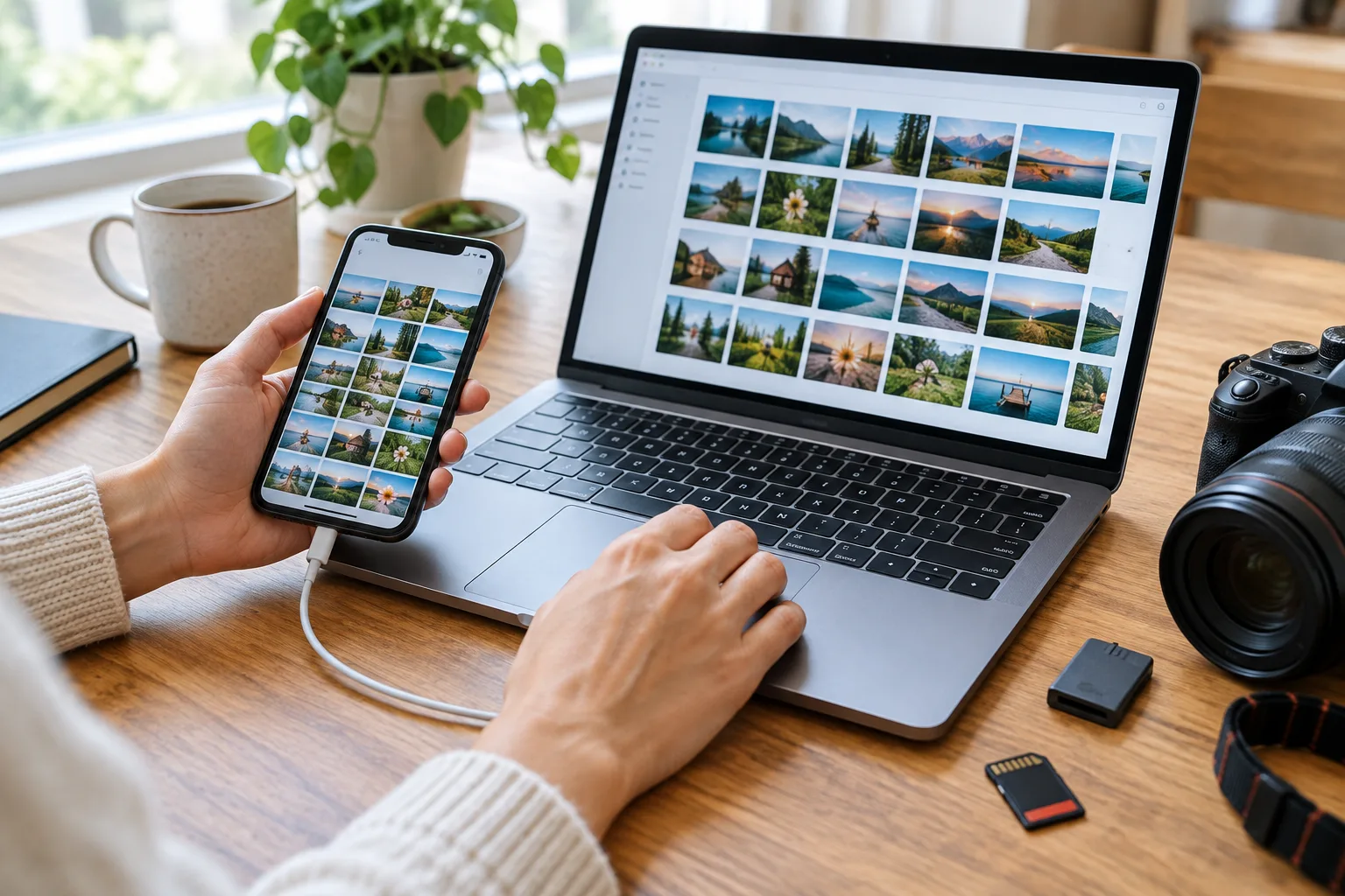 Des mains transfèrent des photos d’un téléphone vers un ordinateur, avec un appareil photo et une carte mémoire à proximité.