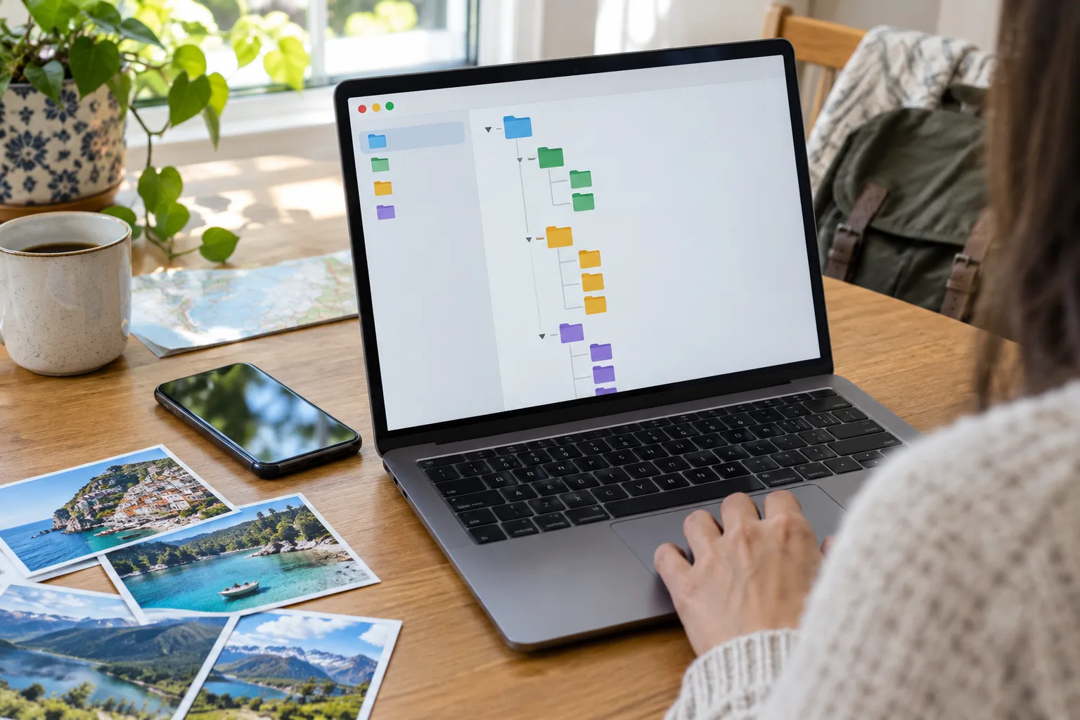 Un ordinateur ouvert sur des dossiers de photos, accompagné d’un téléphone et de quelques tirages.