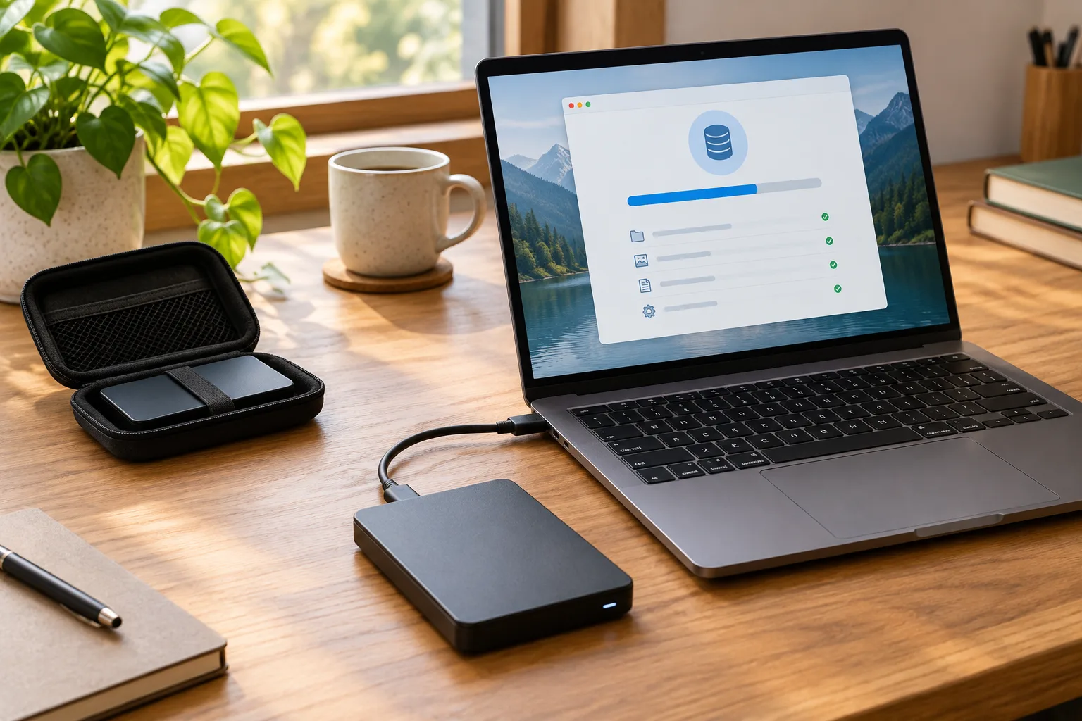 Un disque externe relié à un ordinateur et un second support rangé séparément pour conserver une copie de sauvegarde.