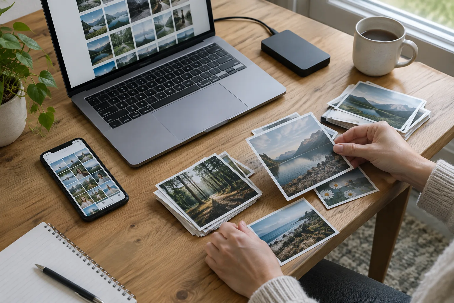 Un téléphone, un ordinateur et un disque externe réunis sur un bureau pour organiser et sauvegarder des photos.
