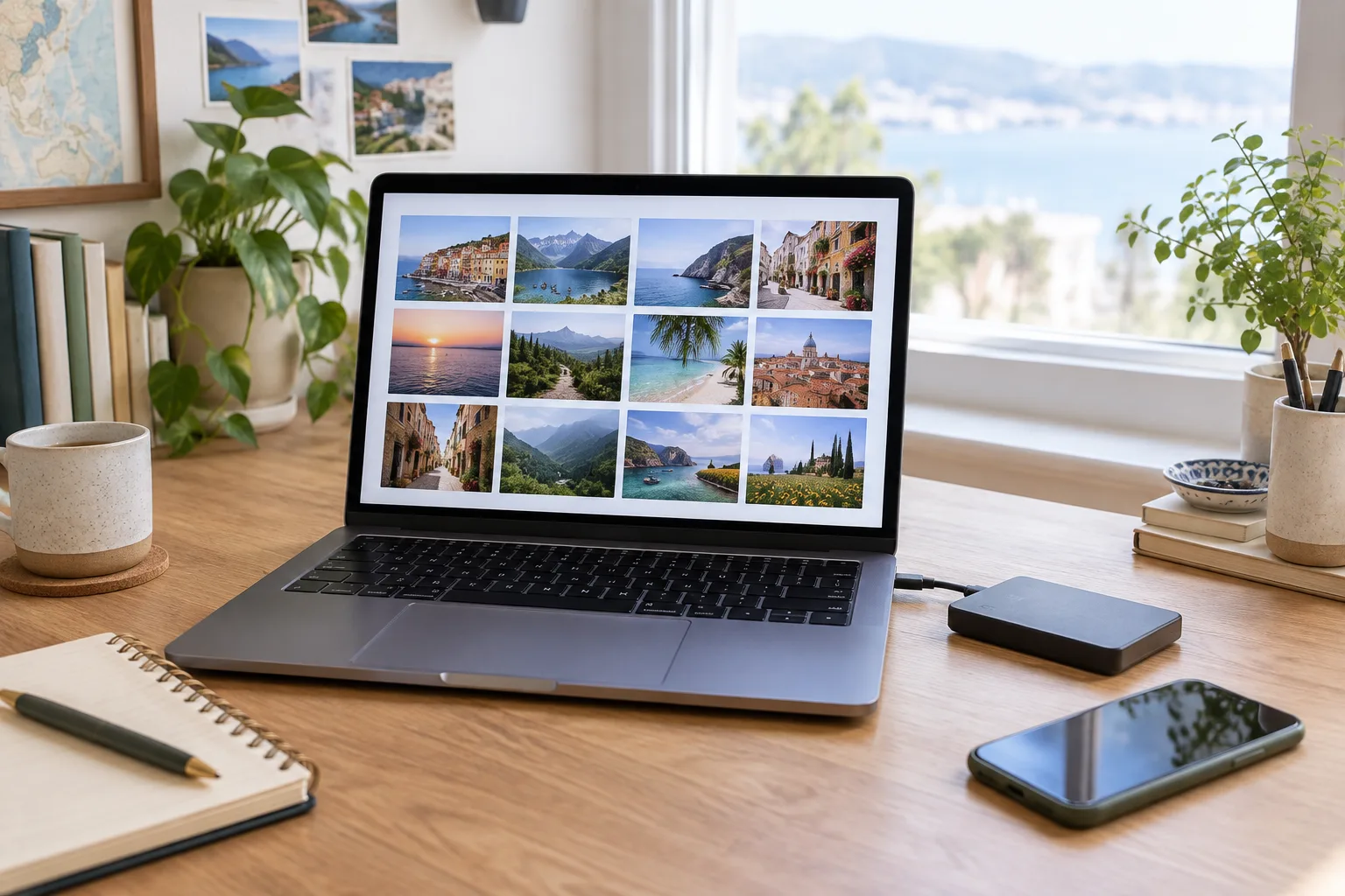 Un ordinateur, un téléphone et un disque externe réunis sur un bureau pour organiser des photos.