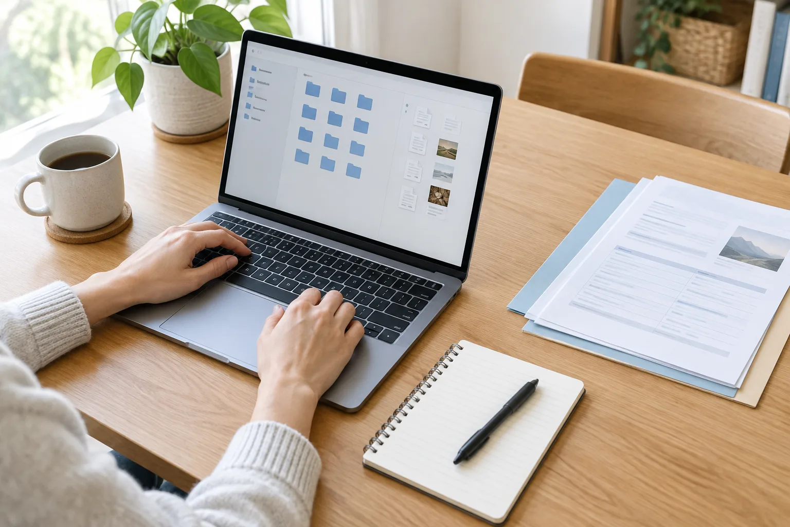 Des mains utilisent un ordinateur portable posé près d’un carnet et de documents rangés.