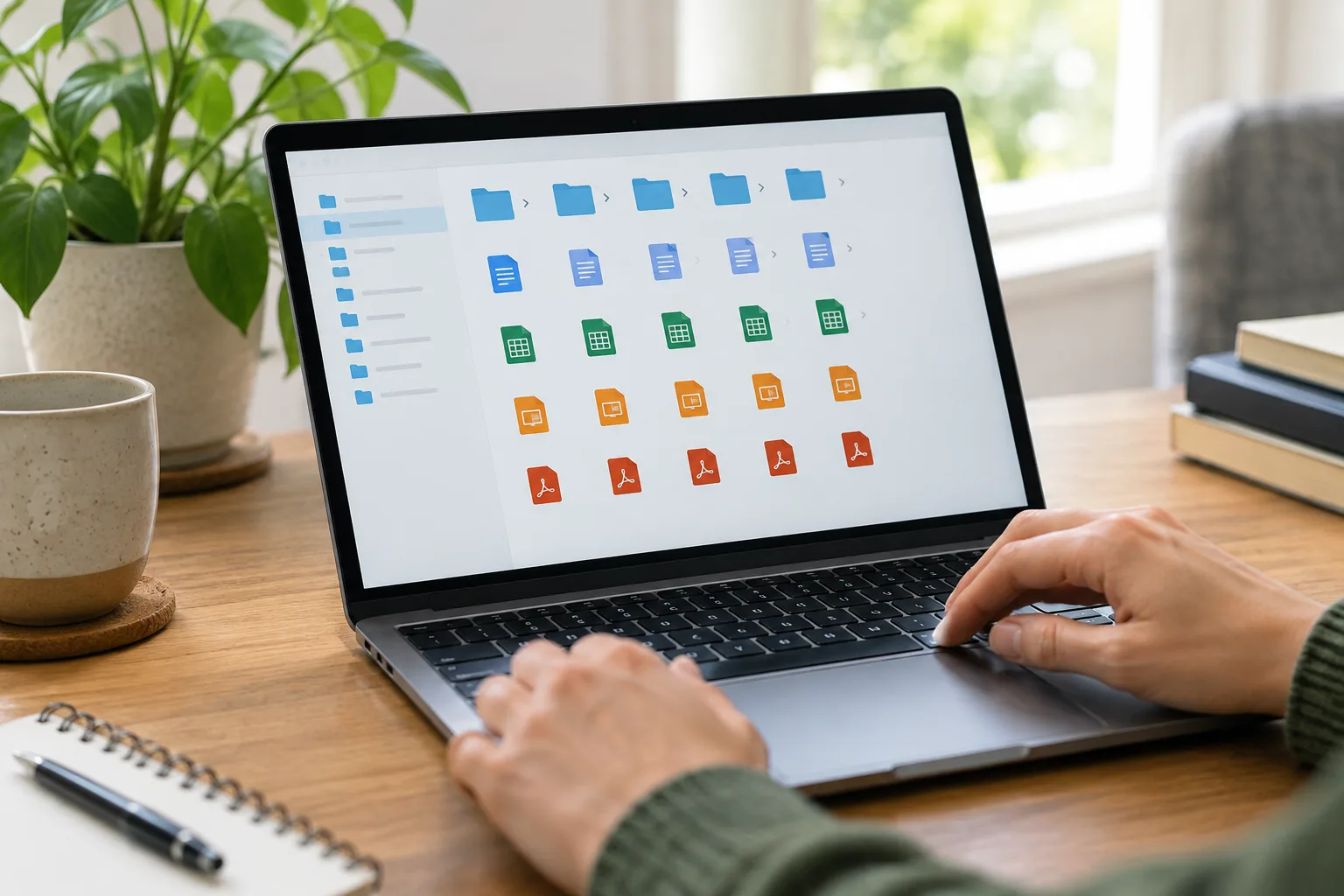 Une personne organise des fichiers dans des dossiers sur un ordinateur portable.