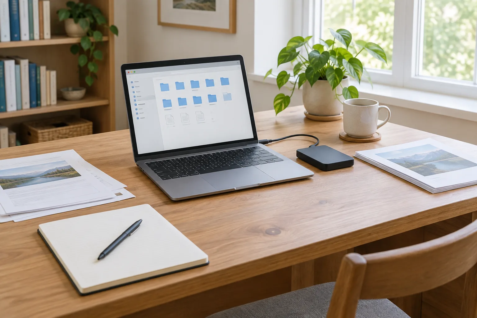 Un ordinateur portable et un disque externe posés près de documents soigneusement rangés.