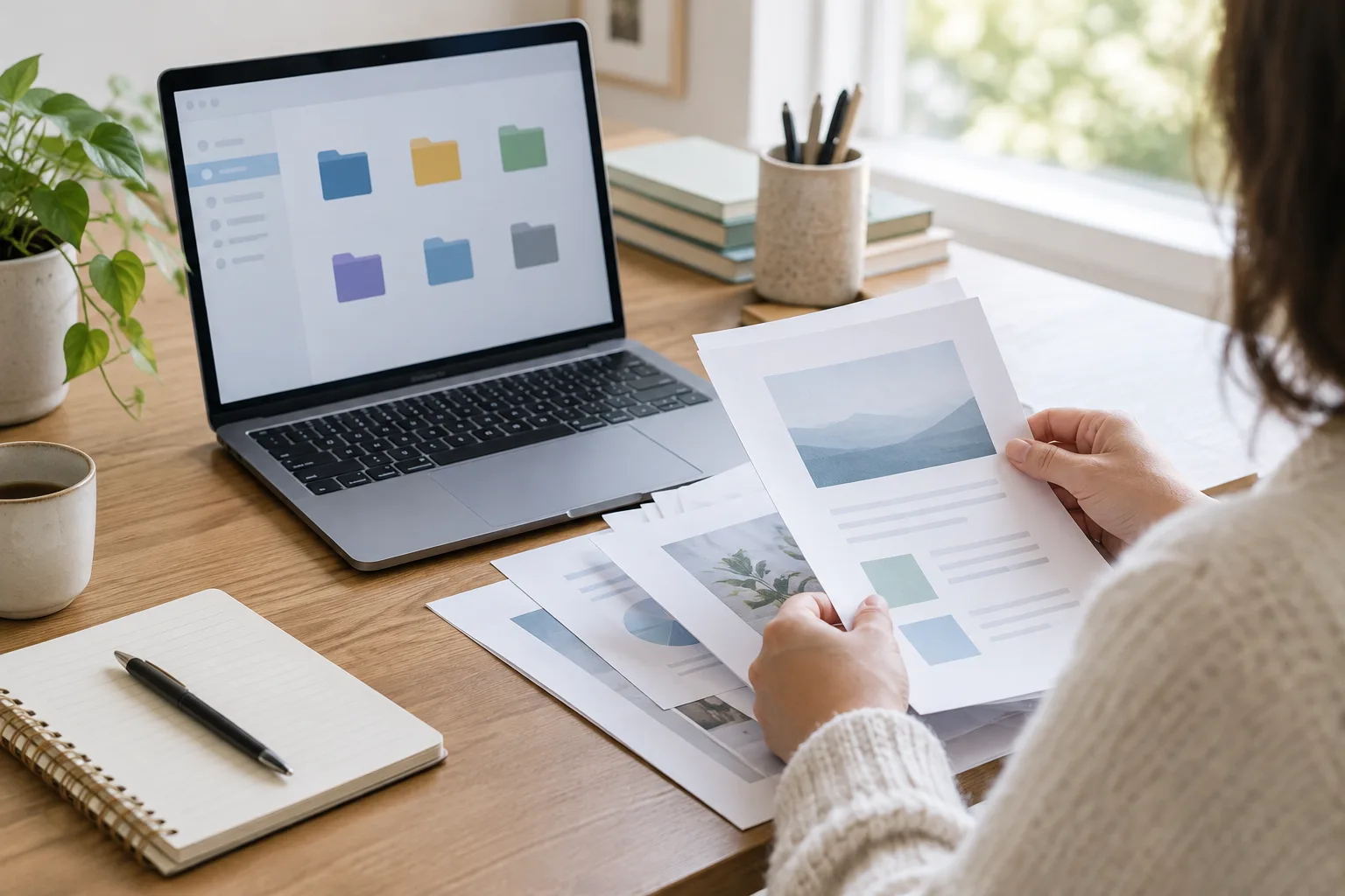 Un ordinateur portable ouvert sur une organisation de dossiers, avec des documents papier posés à côté.