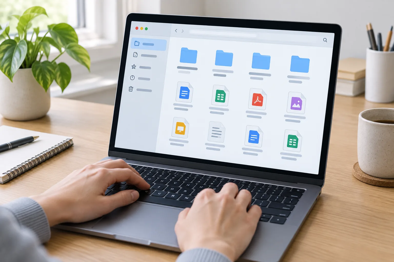 Une personne organise des documents dans un gestionnaire de fichiers sur un ordinateur portable.