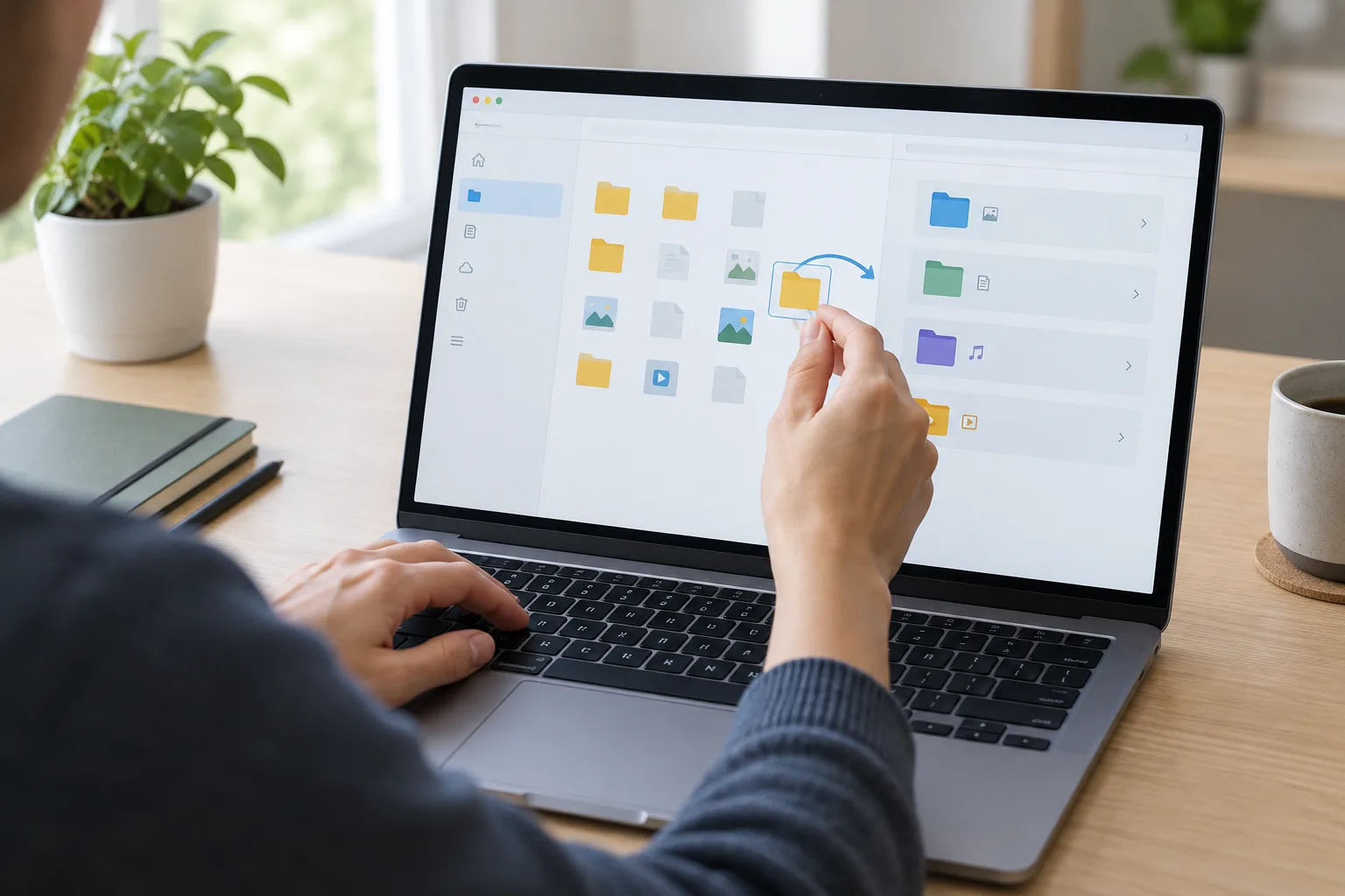Des mains organisent des dossiers numériques sur un ordinateur portable.