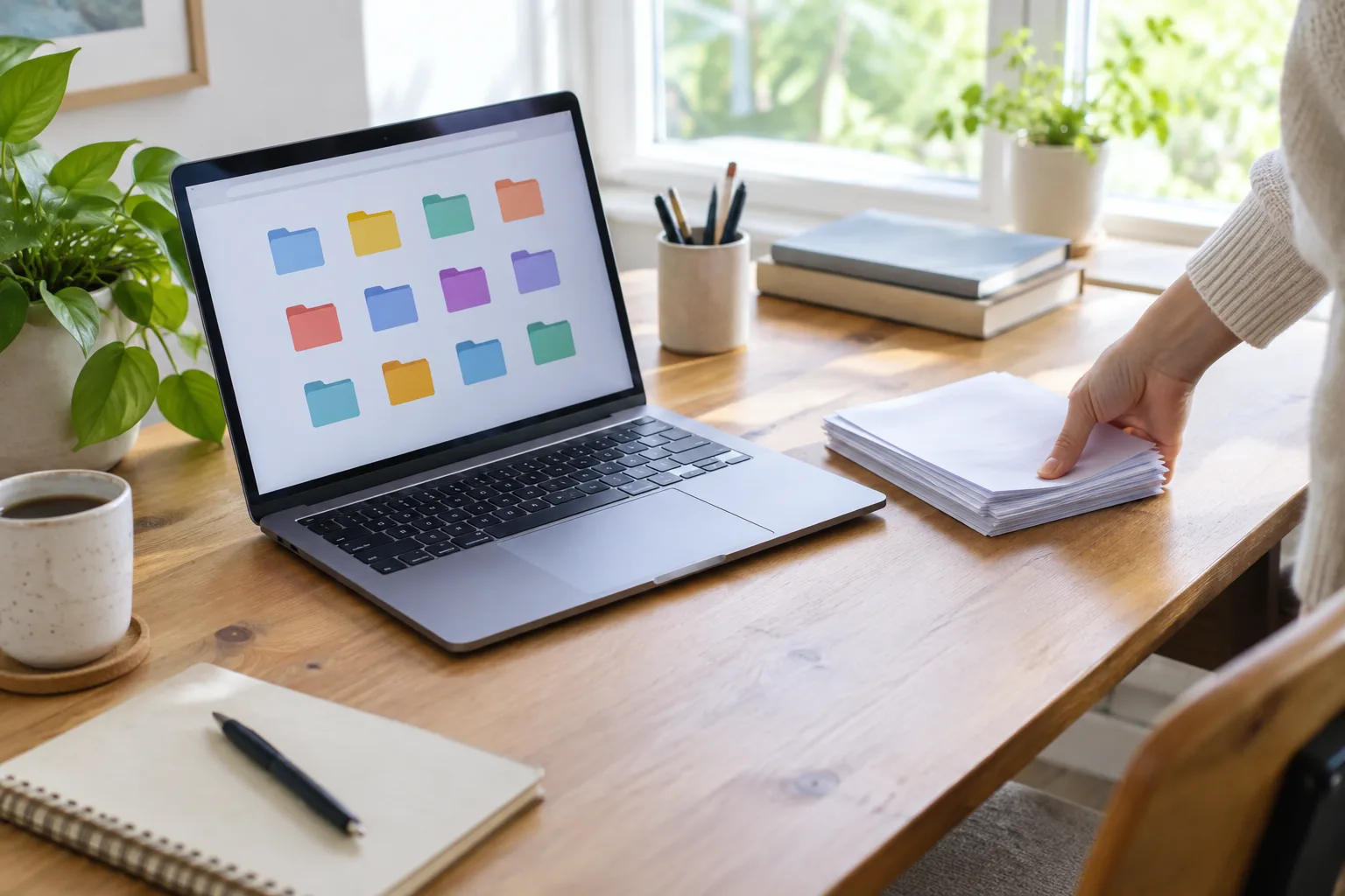 Un ordinateur portable affichant des dossiers numériques, posé sur un bureau rangé.