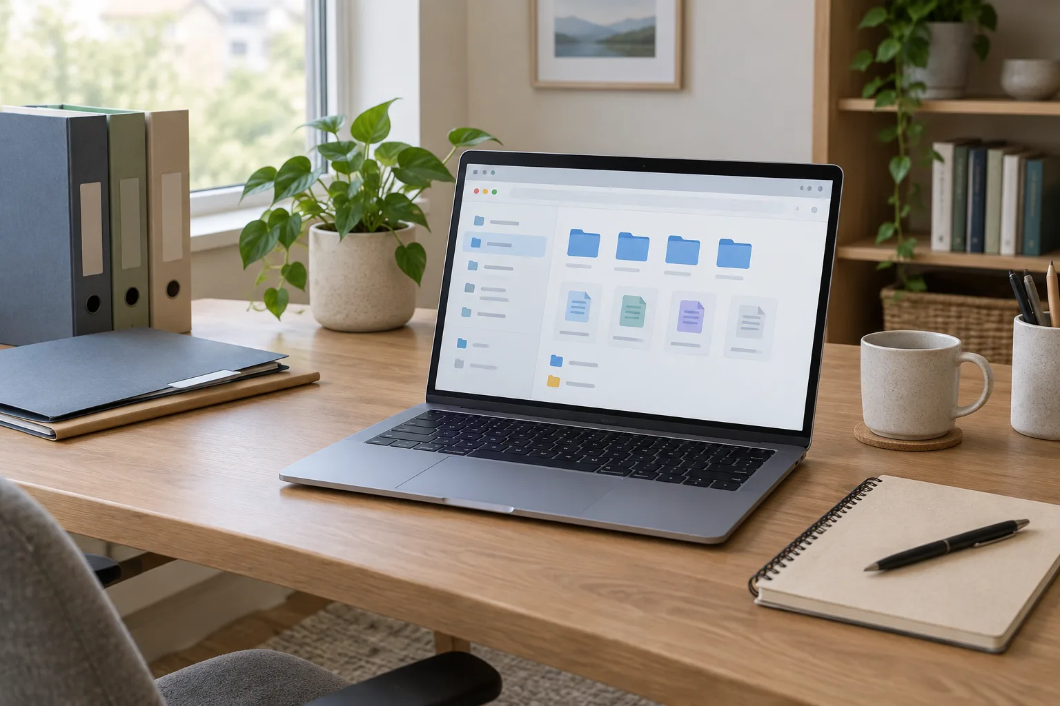 Un ordinateur portable posé sur un bureau avec des dossiers soigneusement rangés à côté.