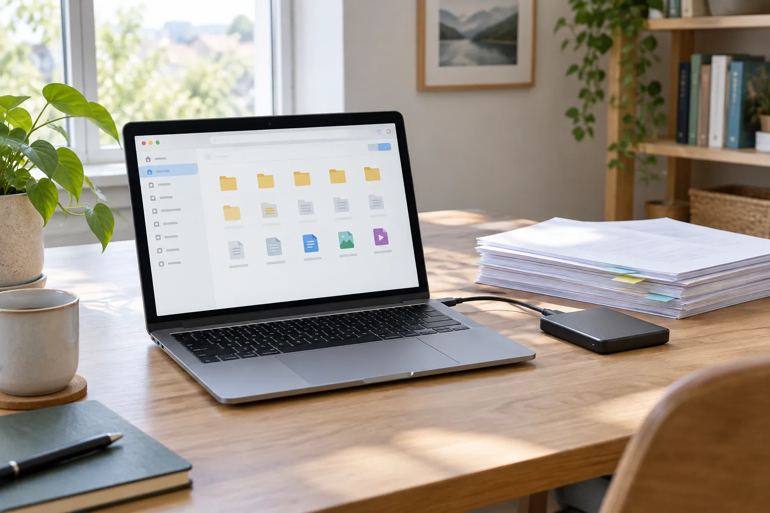 Un ordinateur portable affichant des dossiers numériques, accompagné de documents rangés et d’un disque externe.