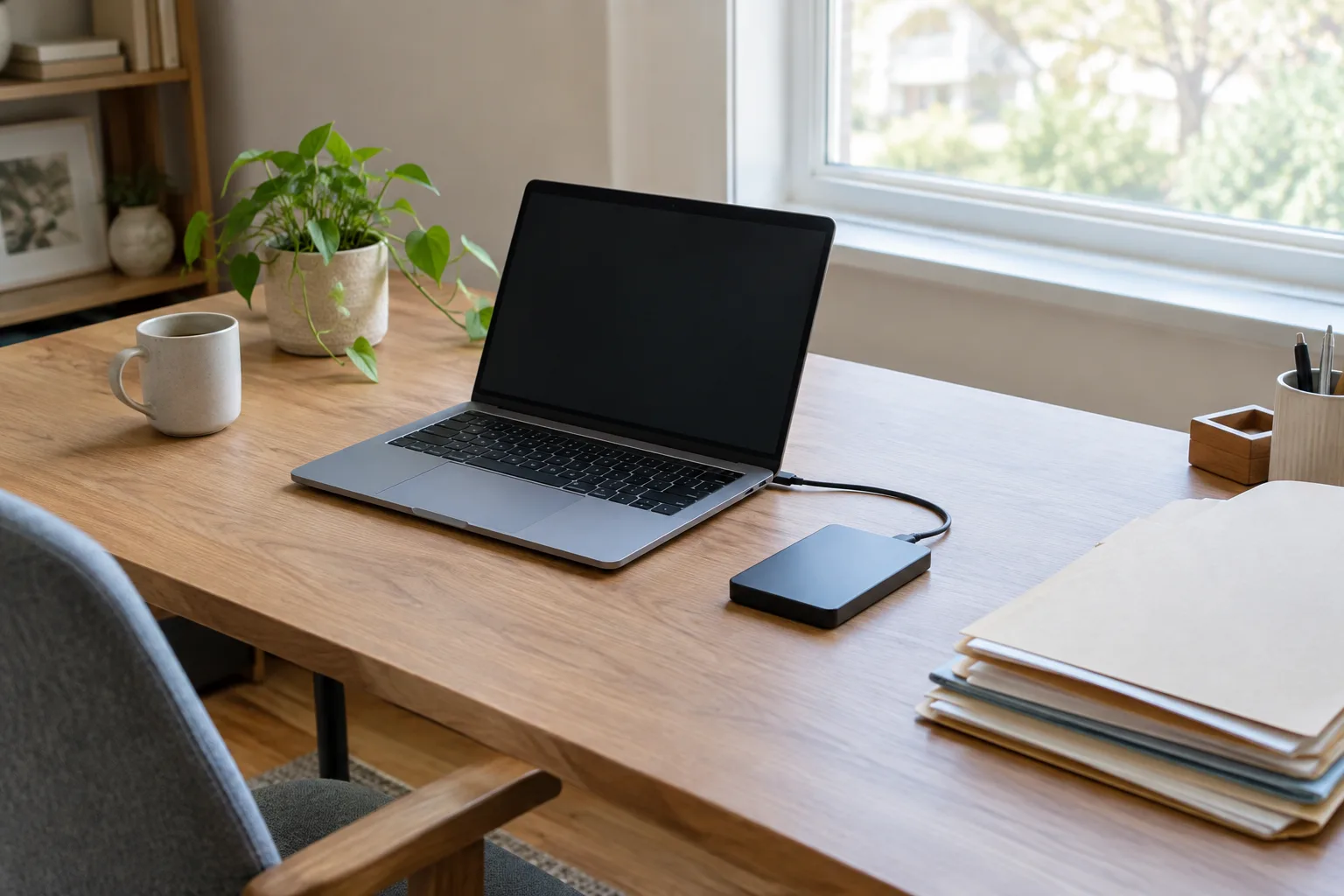 Un espace de travail ordonné avec un ordinateur portable et des dossiers de rangement.