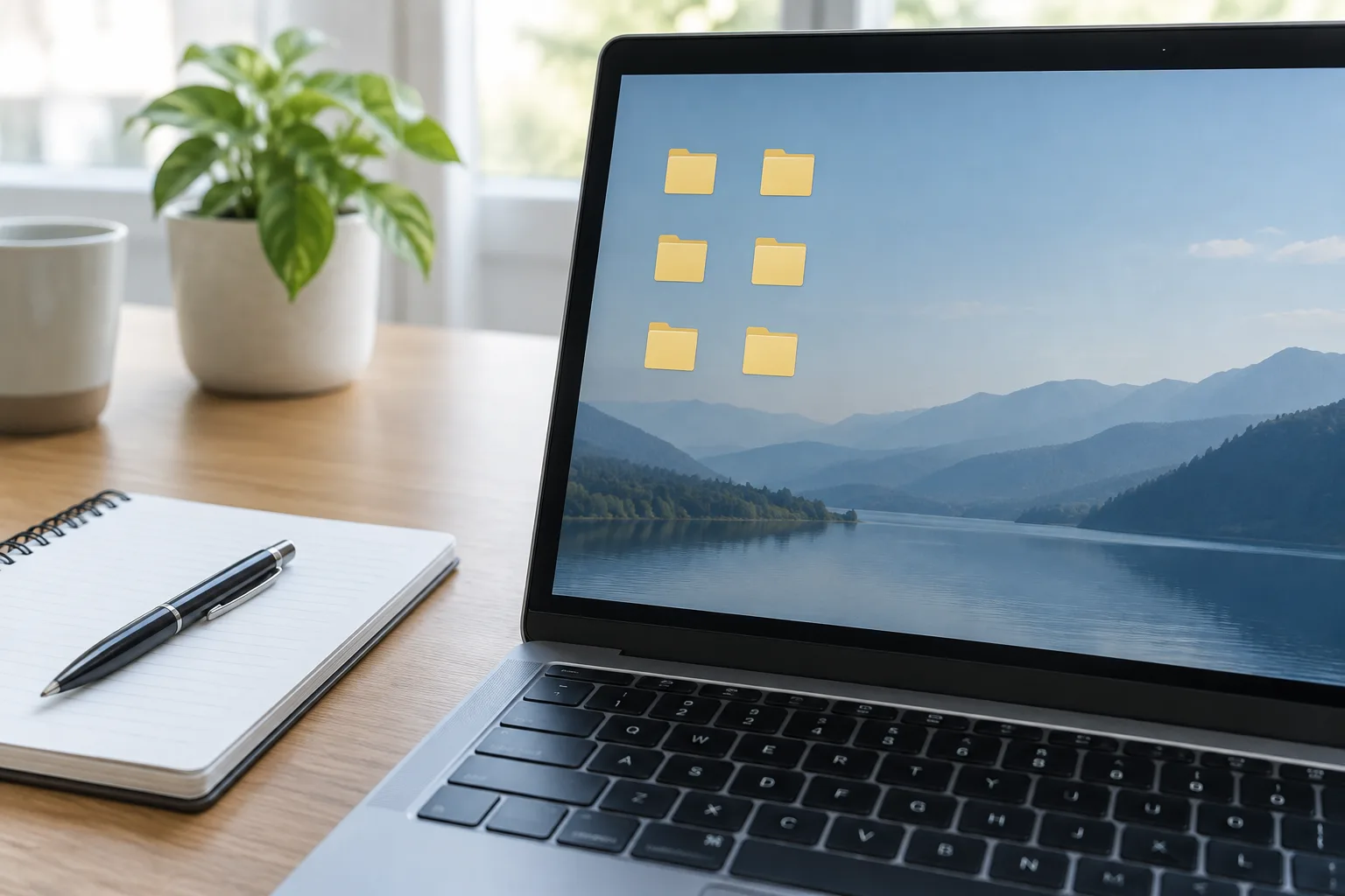 Des icônes de dossiers sont regroupées sur l’écran d’un ordinateur portable.