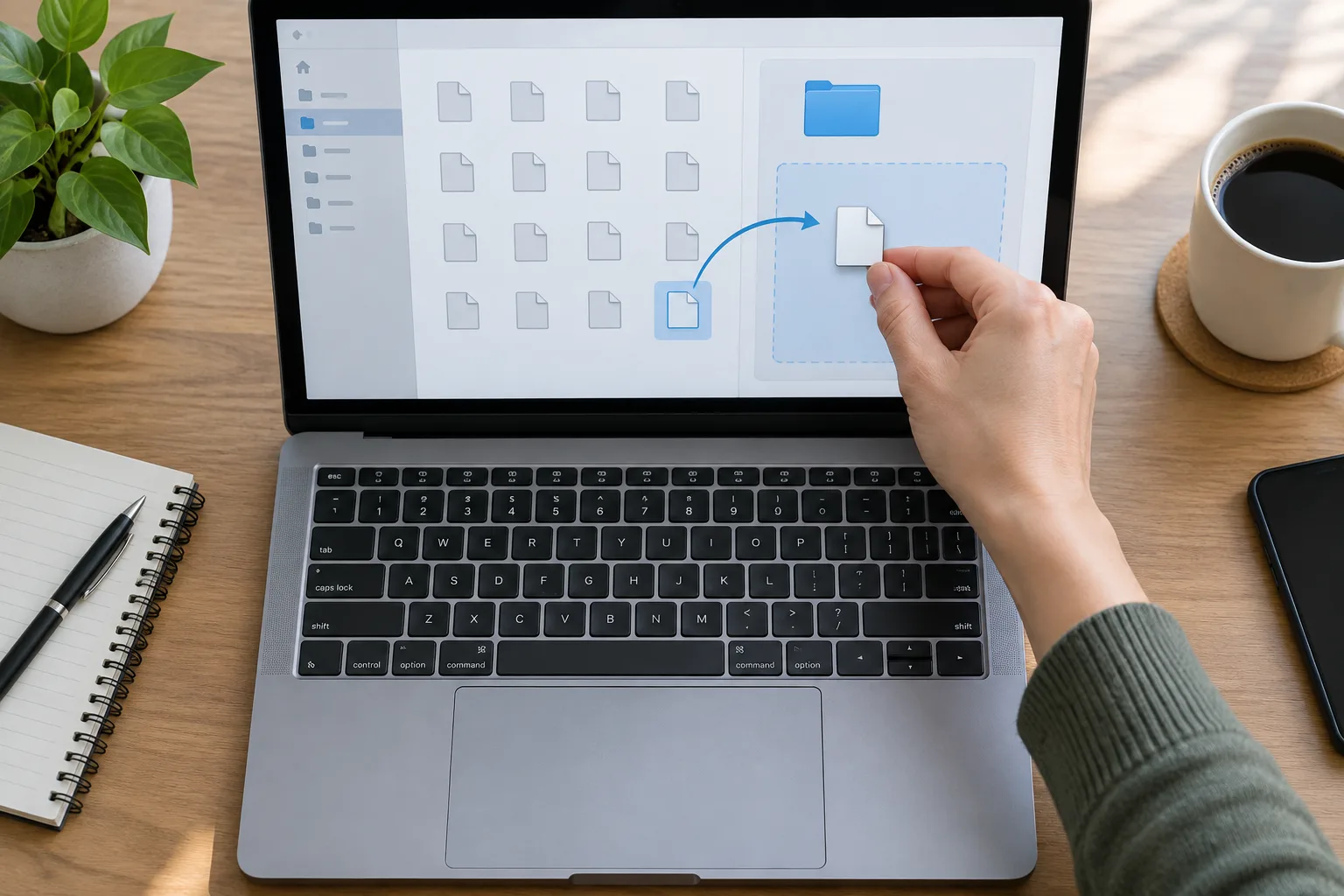 Une main organise des fichiers dans le gestionnaire de documents d’un ordinateur portable.