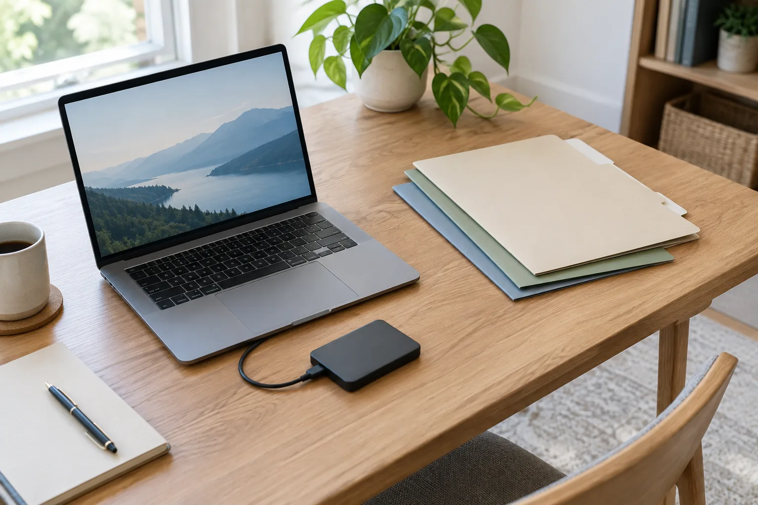 Un ordinateur portable posé sur un bureau rangé, à côté de dossiers et d’un disque de sauvegarde.