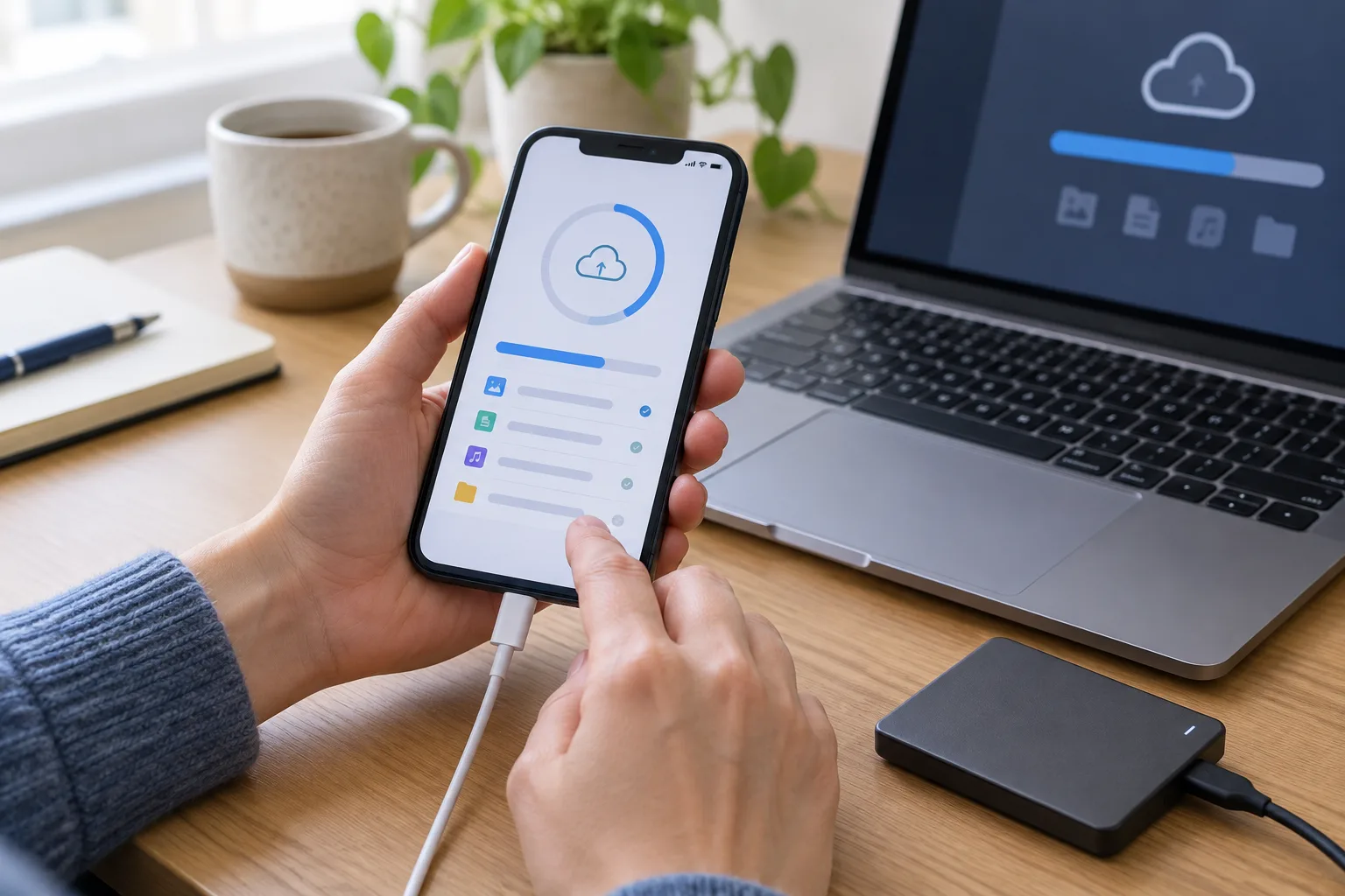 Un smartphone en charge près d’un ordinateur et d’un disque externe, pendant la préparation d’une sauvegarde.