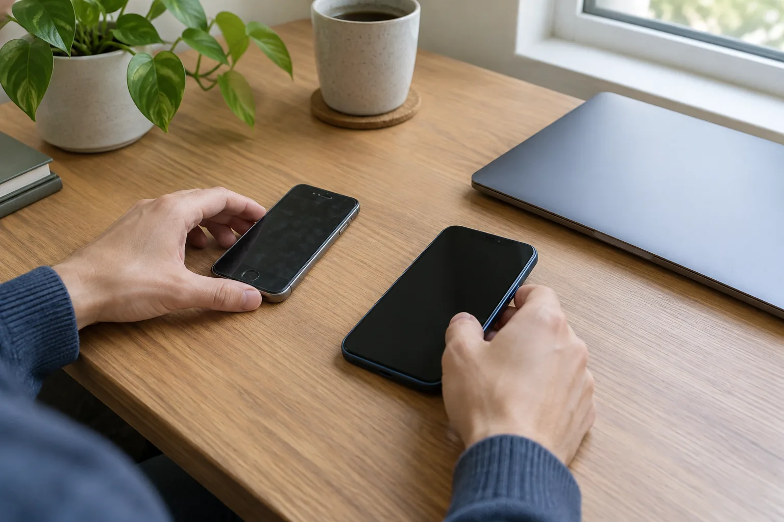 Deux smartphones posés sur un bureau à côté d’un ordinateur, avant le transfert des données.