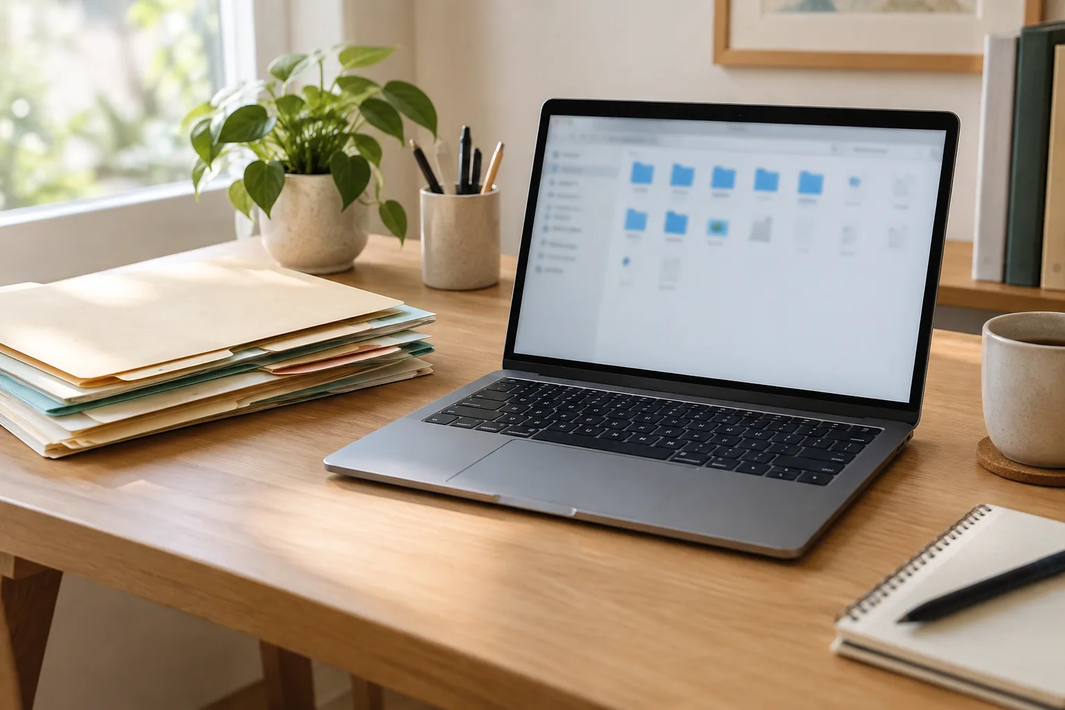 Un ordinateur portable ouvert sur un bureau rangé, avec des dossiers papier disposés à côté.