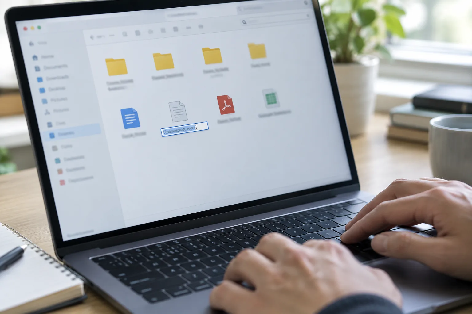 Une main utilise le clavier devant un gestionnaire de fichiers organisé en quelques dossiers.