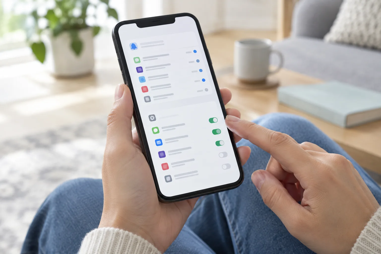 Des mains consultent les réglages de notifications sur un smartphone.