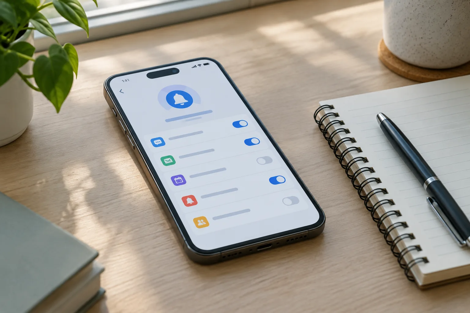 Un téléphone posé sur un bureau, affichant des réglages de notifications.