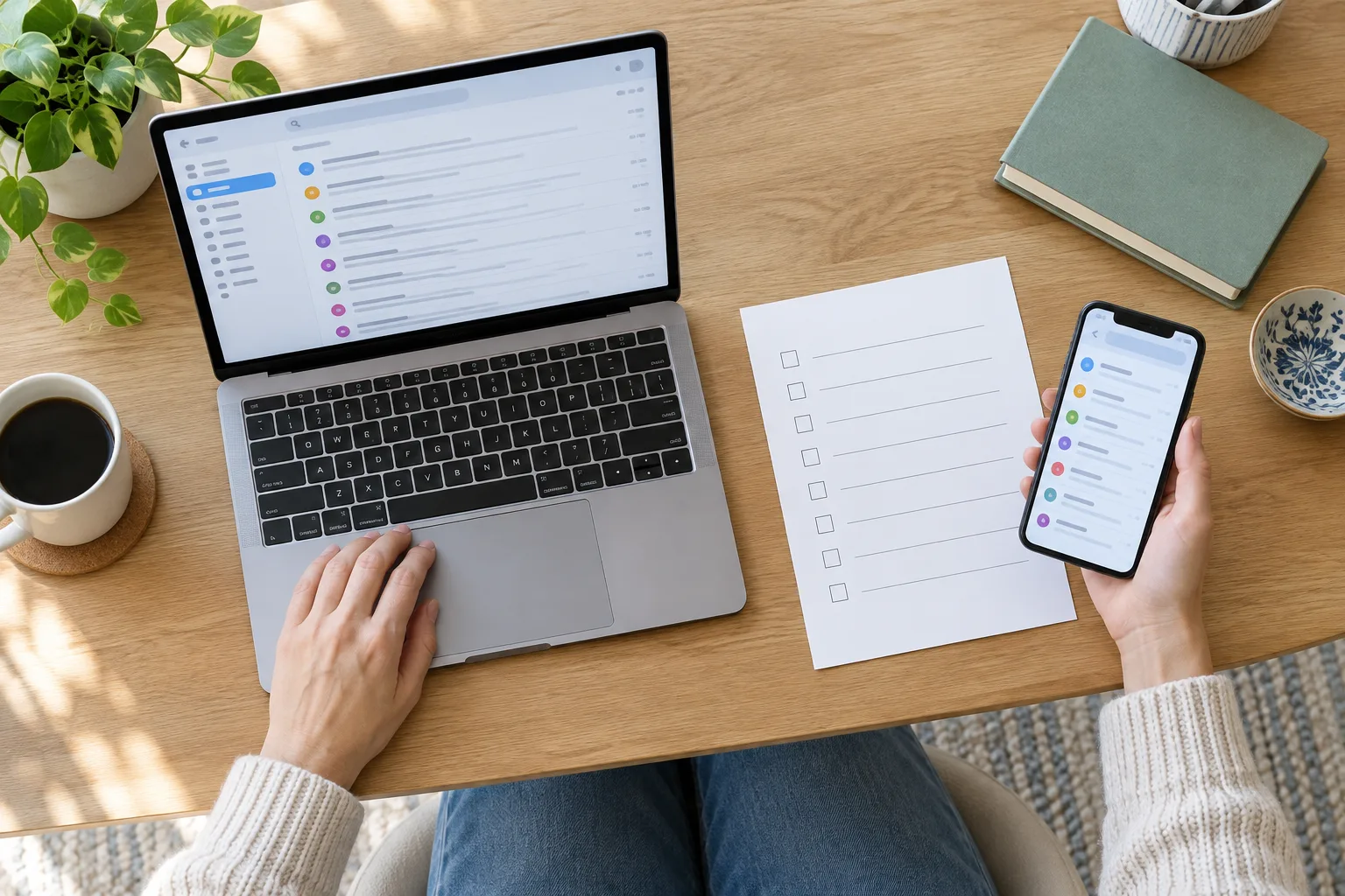 Une personne commence à recenser ses comptes à côté d’un ordinateur et d’un téléphone.