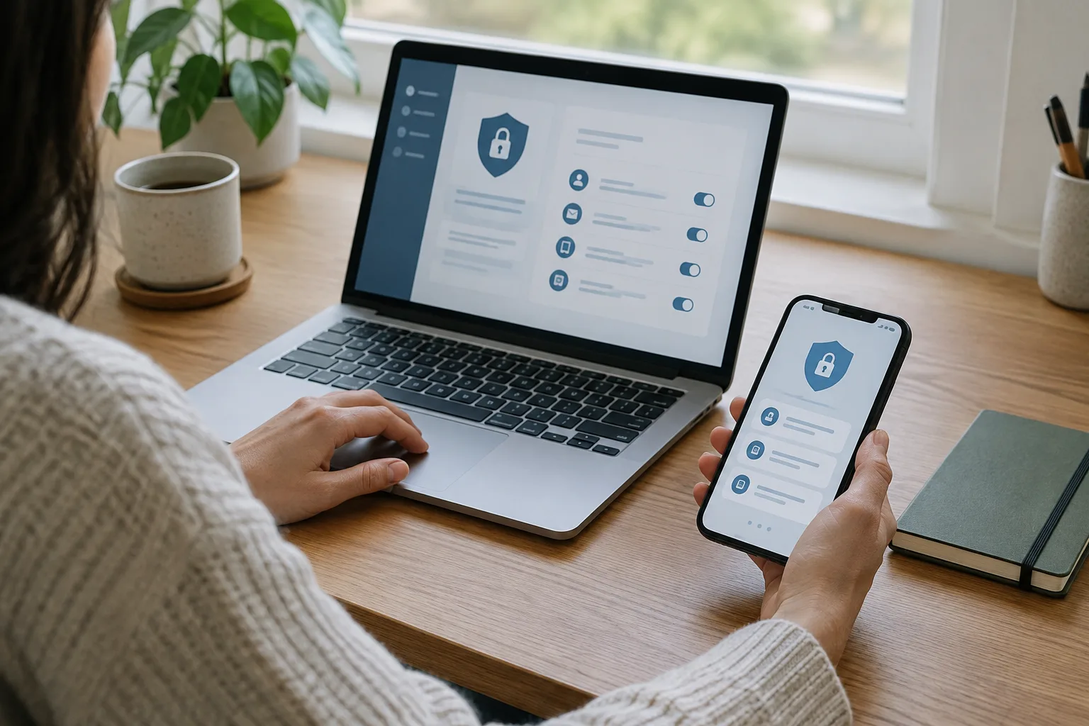 Un ordinateur et un téléphone posés sur un bureau pendant la gestion de comptes en ligne.