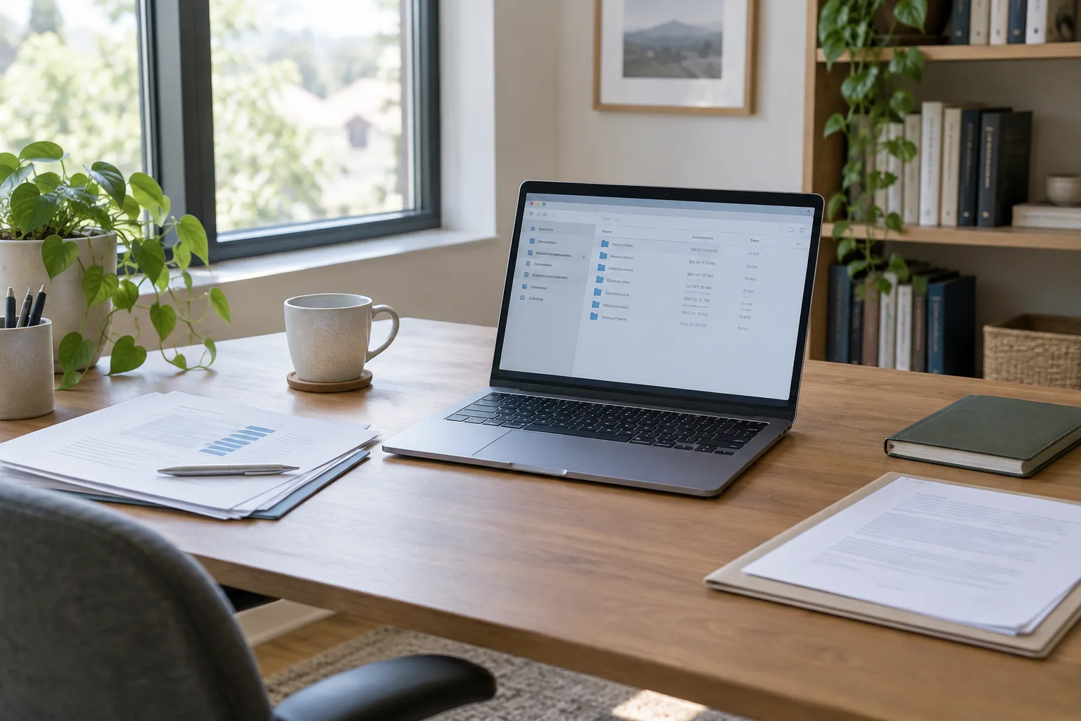 Un ordinateur portable ouvert sur un espace de travail rangé avec quelques documents papier.