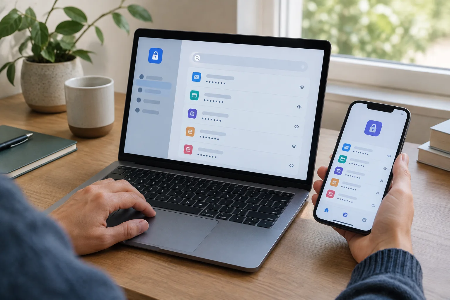 Un ordinateur et un téléphone utilisés pour consulter un gestionnaire de mots de passe.