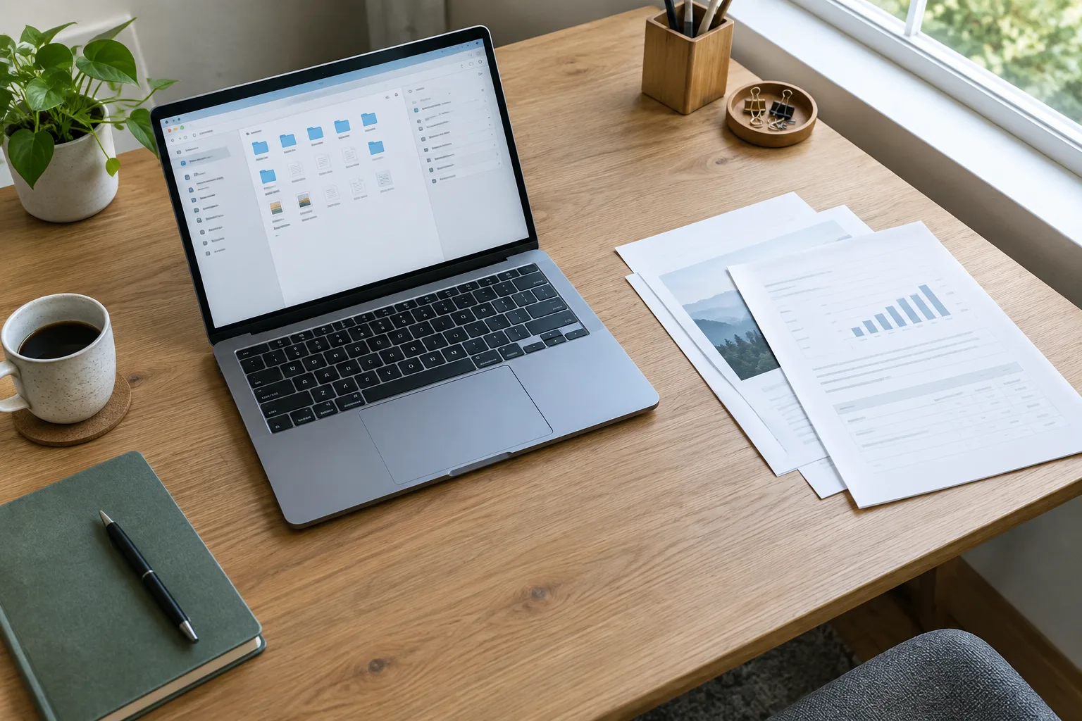 Ordinateur ouvert sur un bureau rangé, avec quelques documents papier classés à côté.