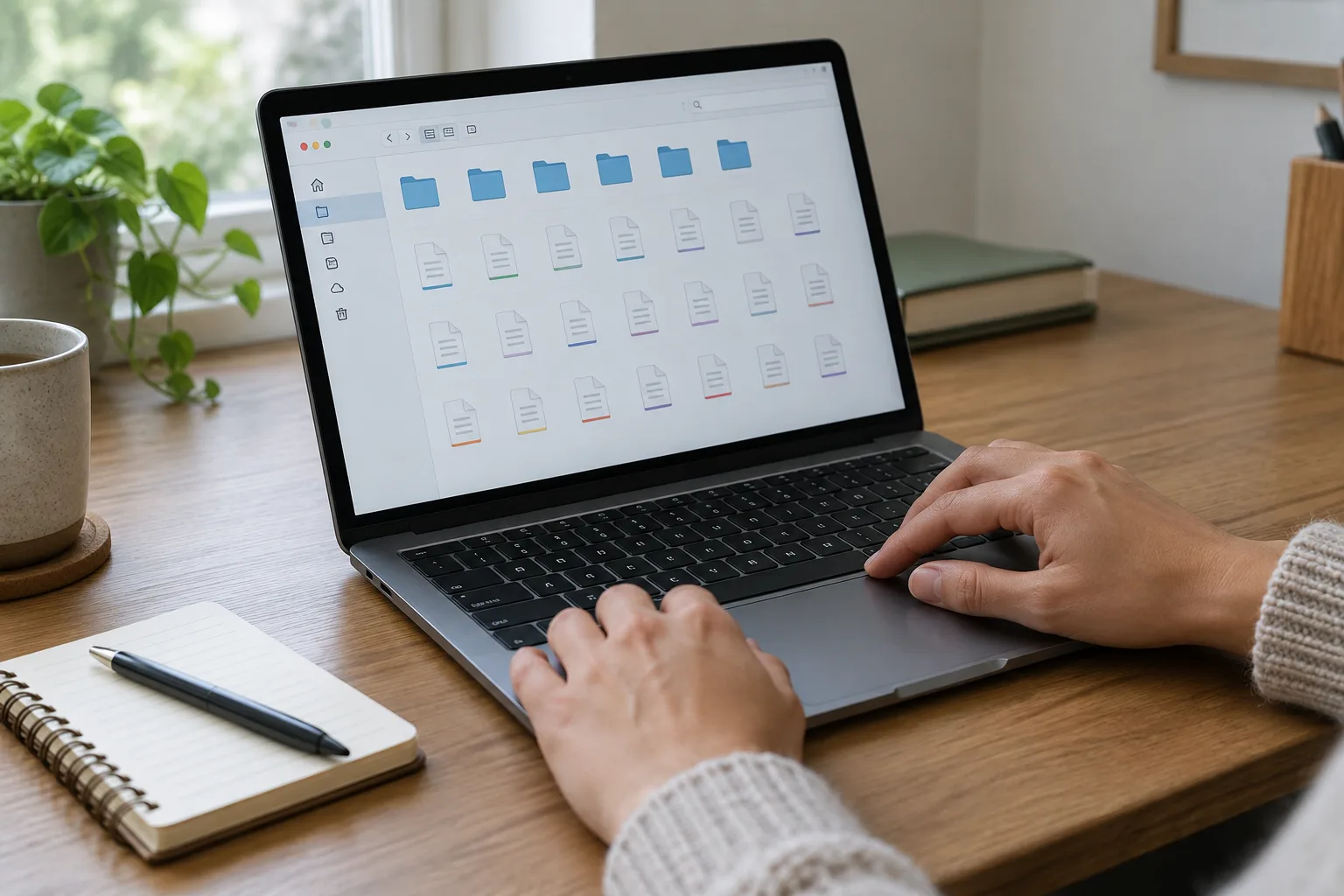 Des mains utilisent un ordinateur portable pour organiser des fichiers dans un dossier.