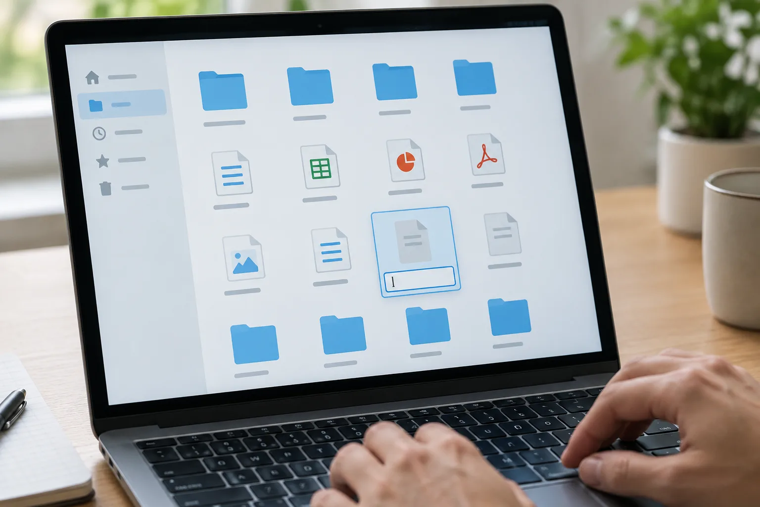 Des mains utilisent un ordinateur portable pour organiser des documents numériques dans des dossiers.