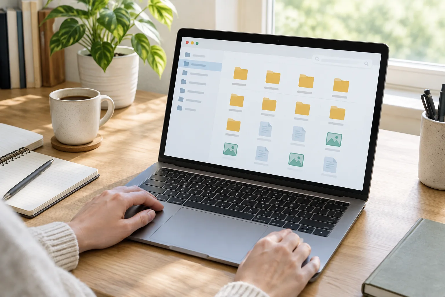 Un ordinateur portable ouvert sur une interface abstraite de dossiers numériques, posé sur un bureau lumineux.