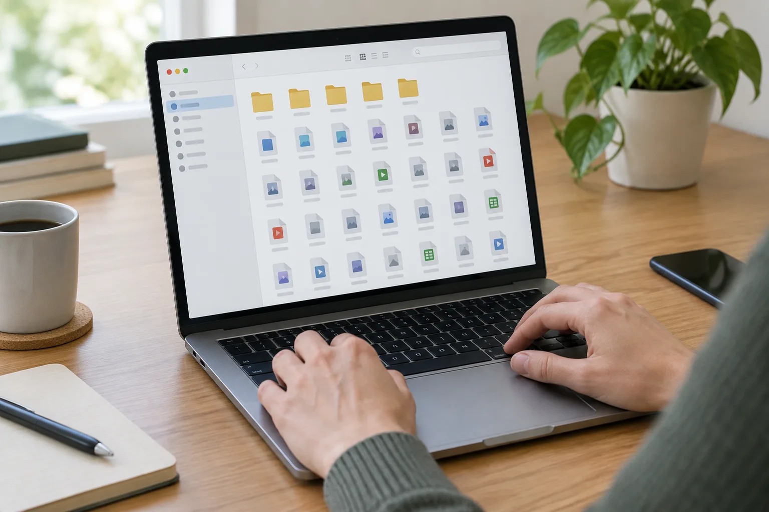 Des mains consultent une liste de fichiers sur un ordinateur portable.