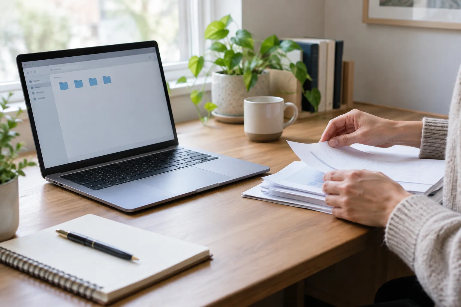 Un ordinateur portable ouvert sur une interface de fichiers générique, posé sur un bureau rangé.