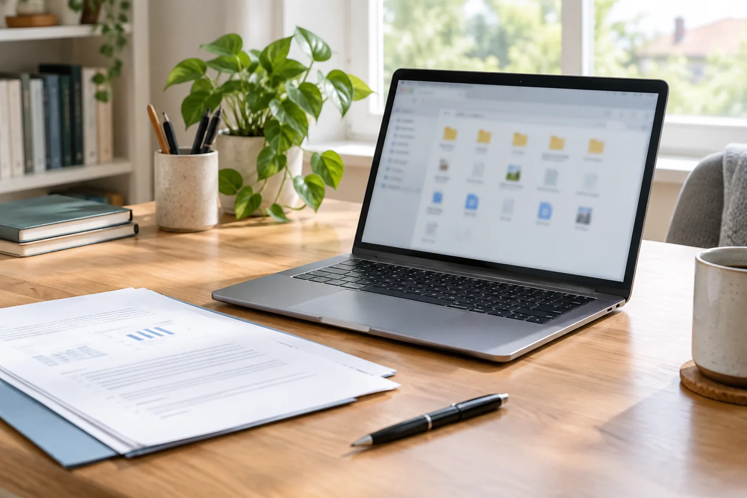 Un ordinateur portable ouvert sur un bureau rangé, à côté de quelques documents papier.