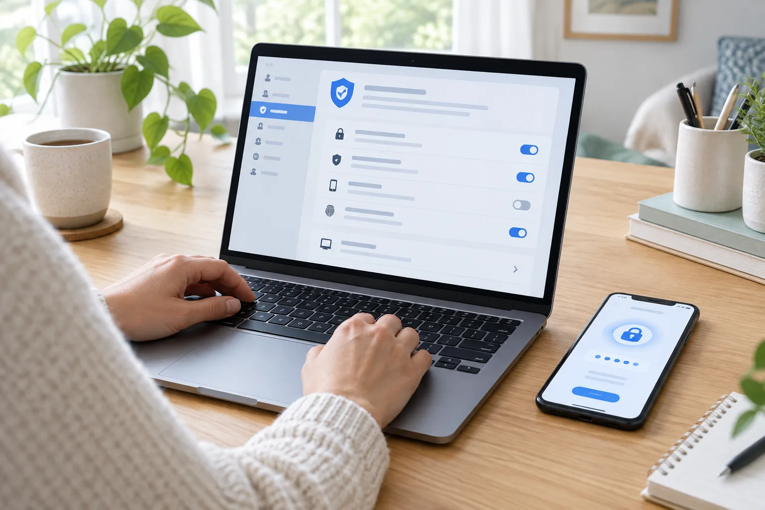 Ordinateur et téléphone utilisés ensemble pour consulter des paramètres de sécurité de compte.
