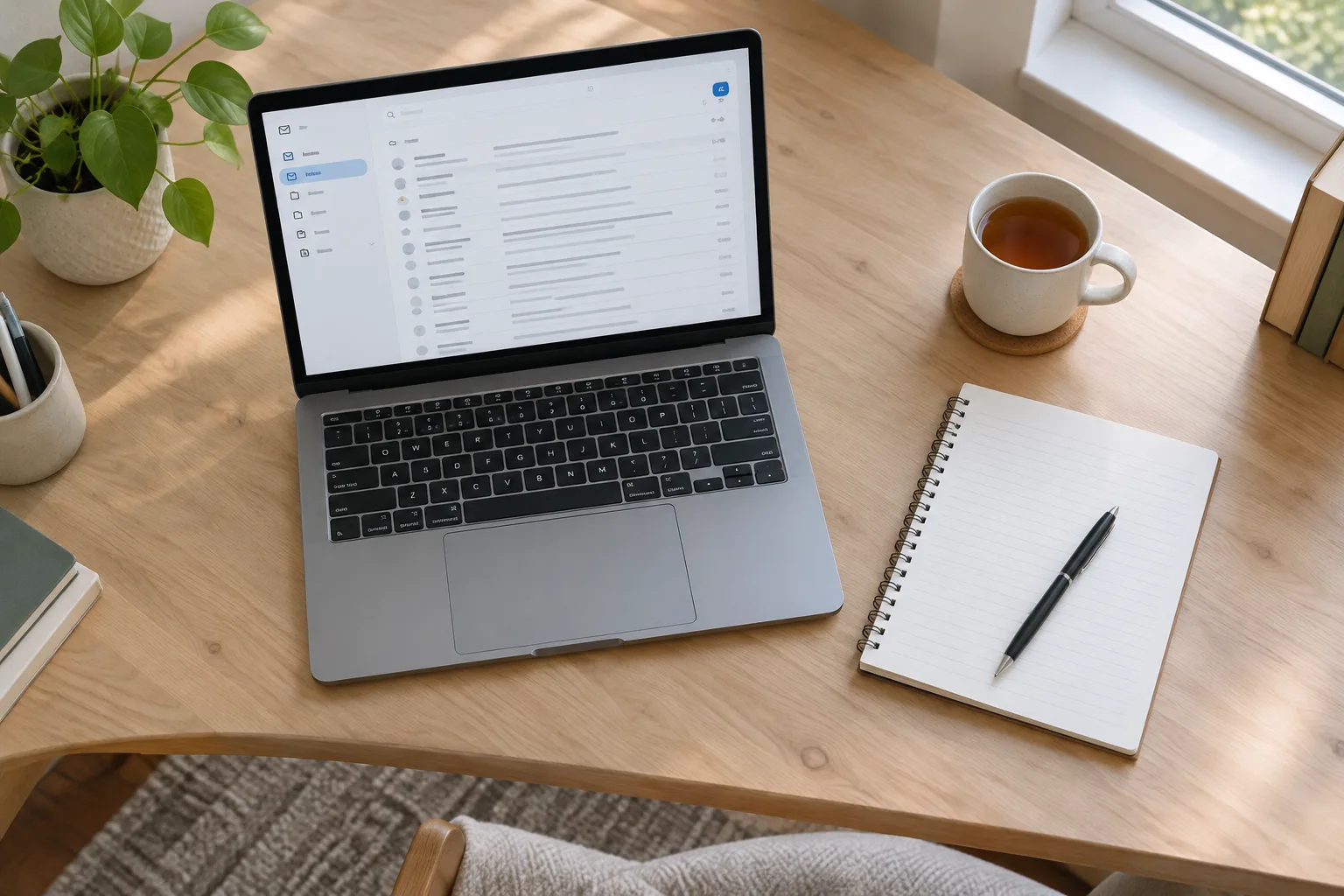 Ordinateur ouvert sur une boîte mail générique, accompagné d’un carnet et d’un stylo sur un bureau rangé.