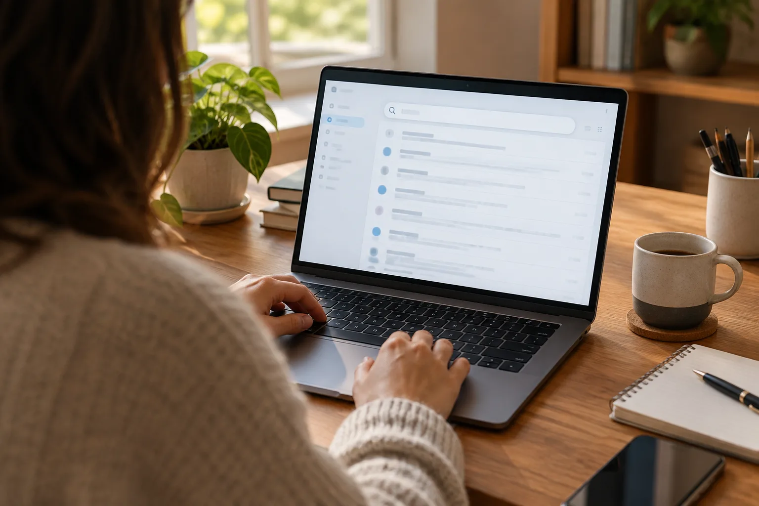 Une personne recherche un ancien courriel sur son ordinateur, depuis une interface de messagerie générique.