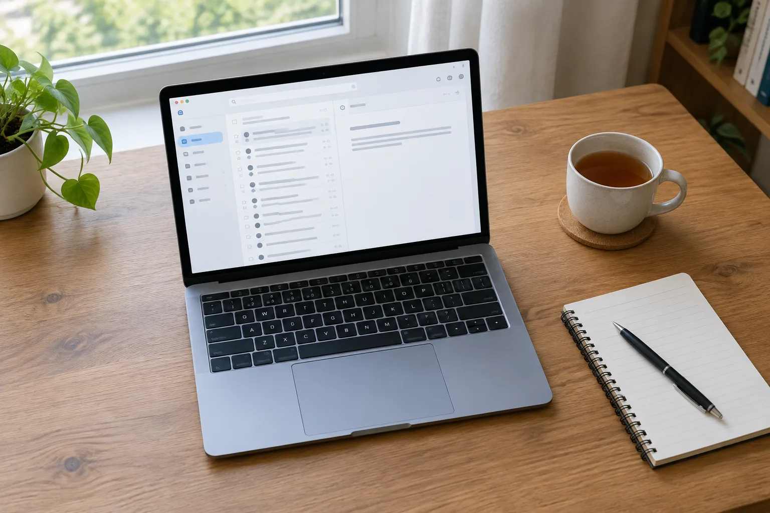 Un ordinateur portable ouvert sur une boîte mail, posé sur un bureau rangé avec un carnet et un stylo.