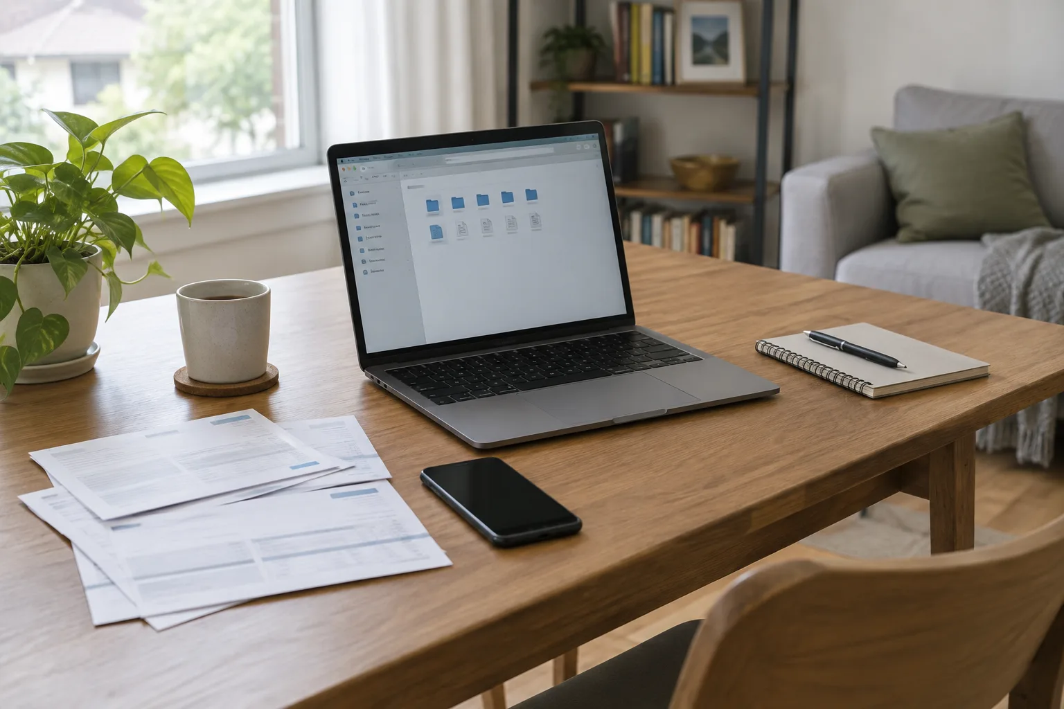 Un ordinateur portable et un téléphone posés près de quelques documents sur un bureau rangé.