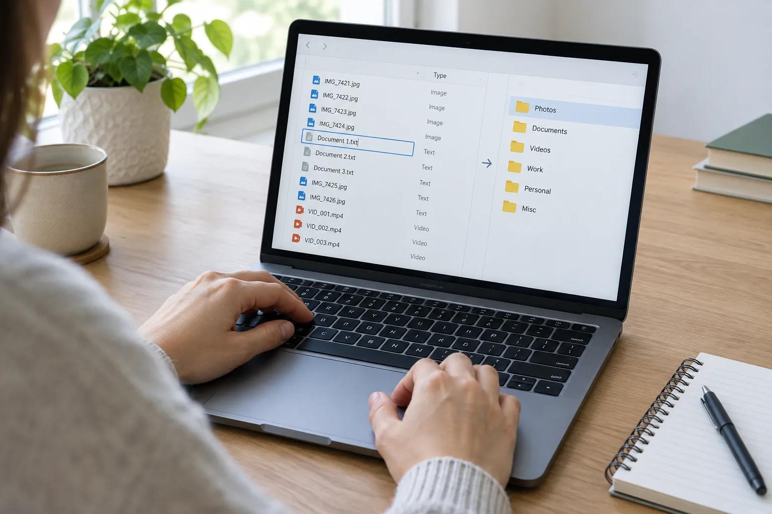 Des mains organisent des fichiers dans des dossiers sur un ordinateur portable.