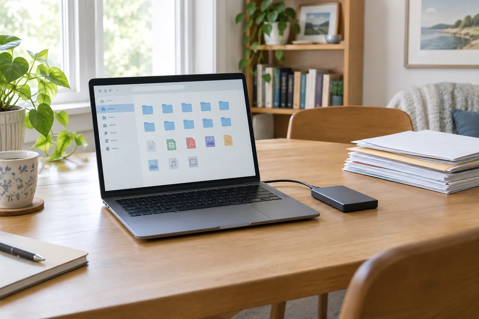 Un ordinateur portable et des documents papier disposés sur un bureau rangé.