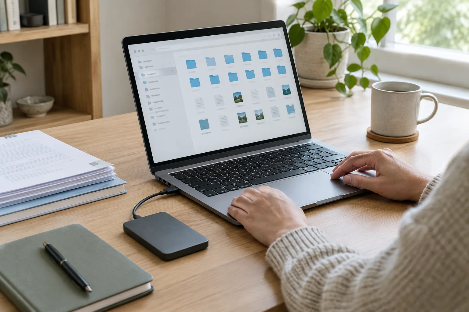 Un ordinateur portable et un disque externe posés sur un bureau rangé.