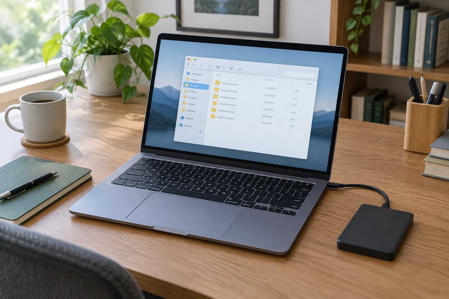 Un ordinateur portable et un disque dur externe posés sur un bureau rangé.