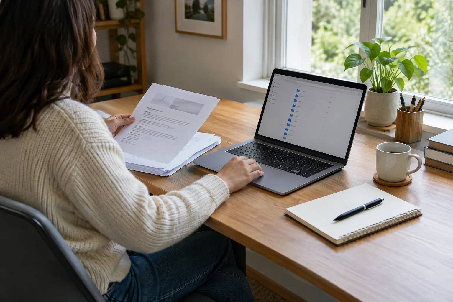 Un ordinateur portable ouvert sur un bureau où une personne organise ses documents numériques.