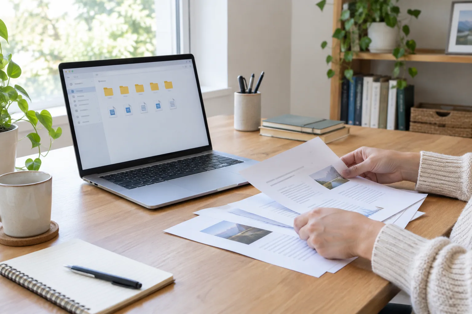 Un ordinateur portable ouvert sur des dossiers numériques, près de quelques documents papier à classer.
