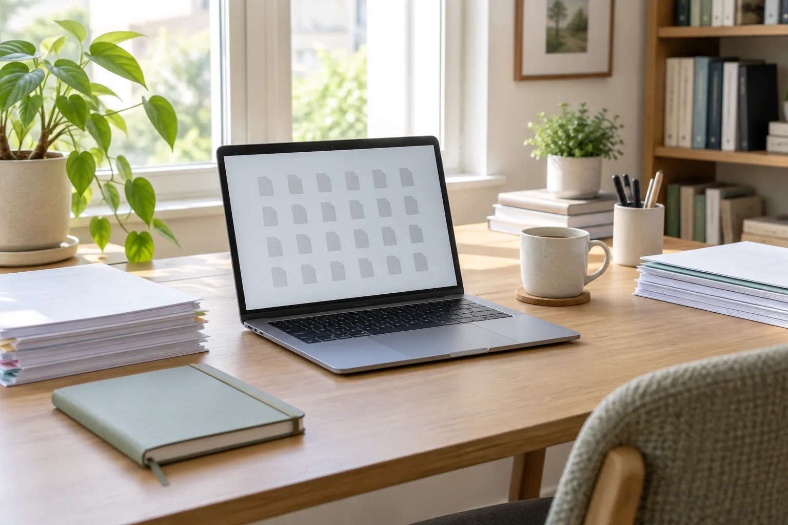 Un ordinateur portable ouvert sur un bureau rangé, entouré de quelques documents papier.